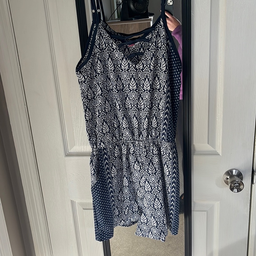 Blue and white pattern romper with pockets!